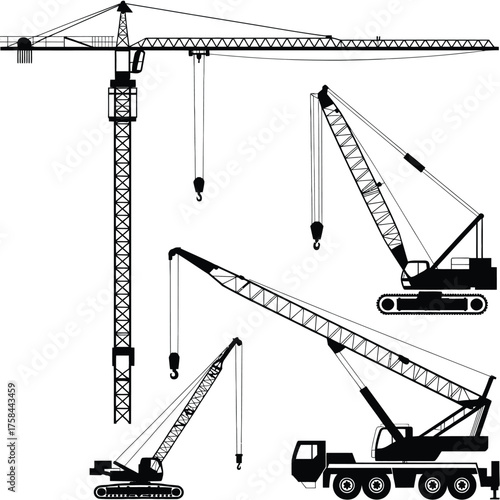 Detailed black and white vector illustration of construction cranes for industrial projects silhouette