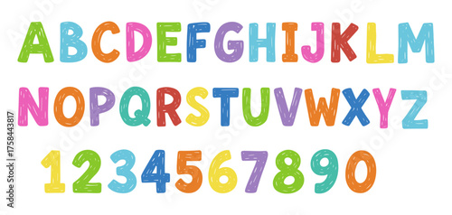 Colorful wax crayon children alphabet and numbers font on transparent background