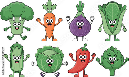 This cheerful collection features eight different cartoon vegetables, including broccoli, carrots, eggplant, cabbage, cucumber, bell pepper, and artichoke, each with big, happy eyes and a friendly smi
