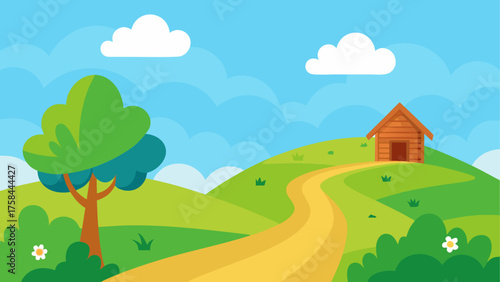 Illustration of a landscape with a path leading to a house on a hill under a cloudy blue sky scene view