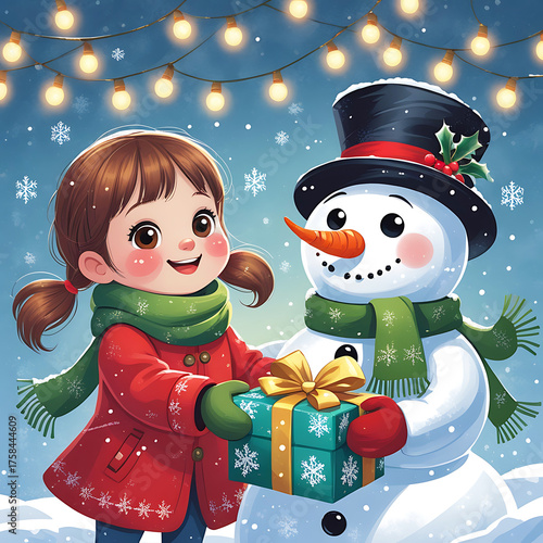 Cute Girl Giving Christmas Gift to Snowman Illustration