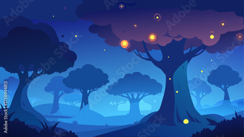 A dreamy blue landscape with silhouetted trees and glowing orbs floating in the air at twilight hour