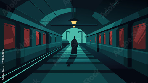 A lone figure stands on a subway platform between two trains in a dark and moody underground station
