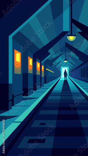 Illustration of a lone figure walking down a subway platform with lights and shadows at night time