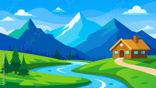 Illustration of a cabin near a river with mountains and trees under a bright blue sky with clouds