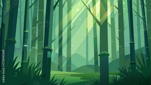 A tranquil scene of a dense bamboo forest with sunlight filtering through the tall green stalks creating depth
