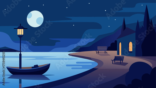 Nighttime scenery with a boat on the water a lamp post and a building under a bright moonlit sky