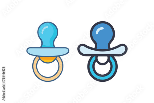 Two baby pacifiers in different shades of blue and gray