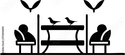 Stylized birds and people at a picnic table, nature concept for tranquility and togetherness