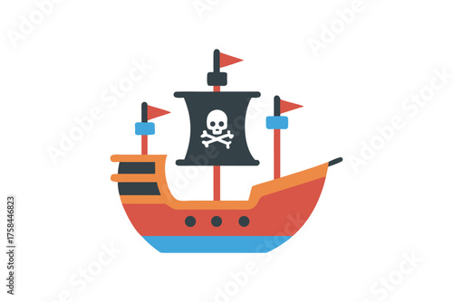 Stylized illustration of a red pirate ship with a skull and crossbones flag