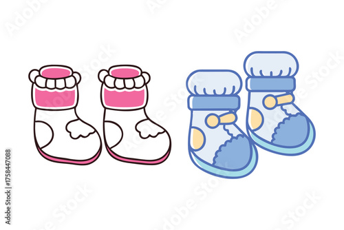 Cute baby booties in pink and blue simple cartoon style illustration