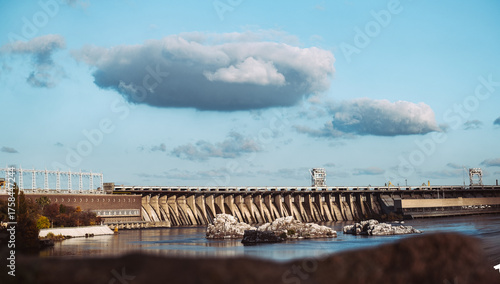 Принти на полотні The historic Dnipro Hydroelectric Station dam, a powerful industrial landmark on the Dnipro River in Zaporizhzhia, Ukraine