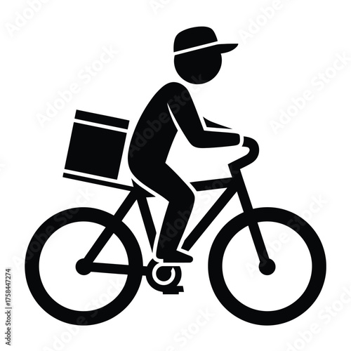 Minimalist black and white icon illustration of a courier delivering on a bicycle silhouette