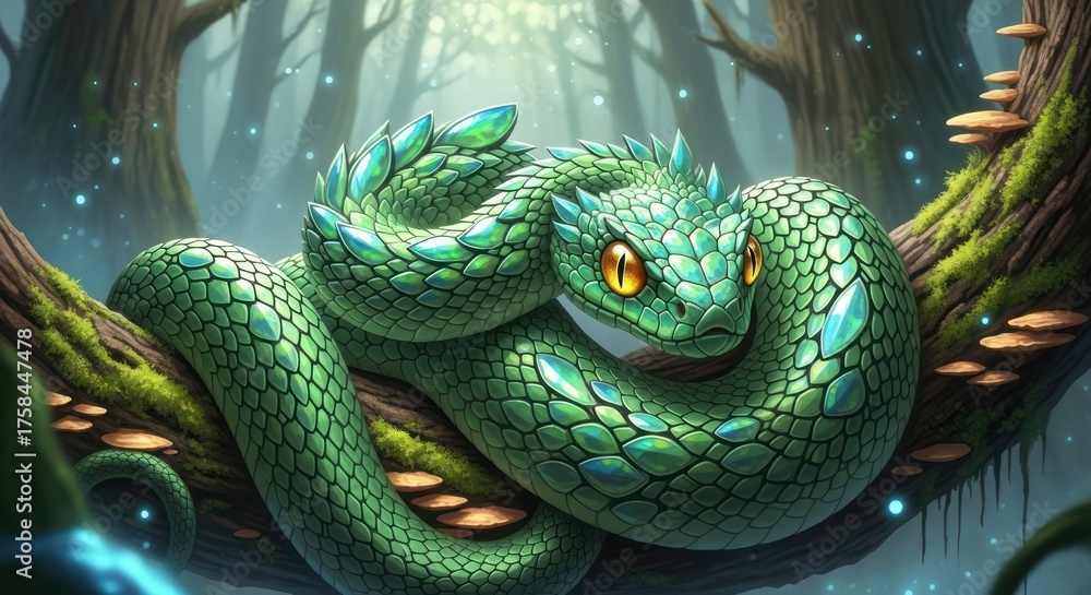 Fototapeta premium A vibrant green snake with gem-like scales coils on a mossy branch in a mystical forest setting.