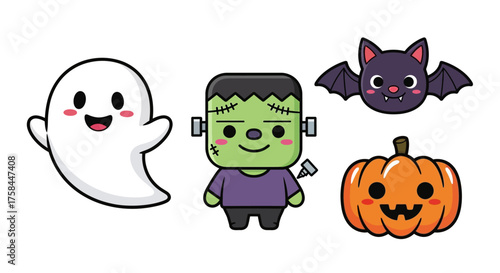 Adorable Halloween characters bring spooky fun to your creative projects ghost, Frankenstein, bat and pumpkin for kids party invitations and decorations