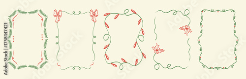 Vintage hand drawn Xmas frames. Trendy doodle Christmas branch of a fir tree borders, line in with curved shapes. Sketch art for holiday decor, poster, card, invitation.