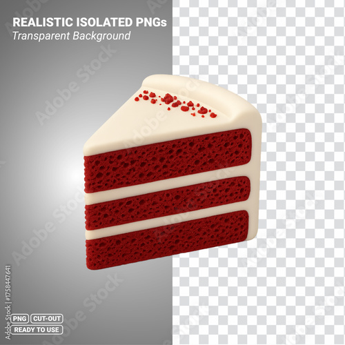 3D red velvet cake slice icon with cream cheese frosting isolated image. Transparent PNG file ready to be used.