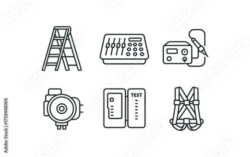 simple outline stroke icon isolated on white background technician step ladder DMX controller soldering iron station spare projector lamp cable tester safety harness belt