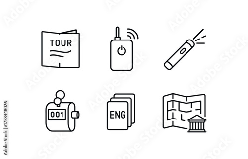 simple outline stroke icon isolated on white background tour script booklet wireless audio guide transmitter laser pointer visitor headcount clicker multilingual cue cards museum floor map