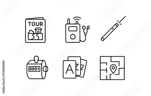 simple outline stroke icon isolated on white background tour script booklet wireless audio guide transmitter laser pointer visitor headcount clicker multilingual cue cards museum floor map
