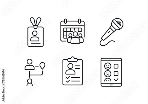 simple outline stroke icon isolated on white background guide badge lanyard group reservation schedule handheld microphone accessibility route chart docent evaluation form feedback survey
