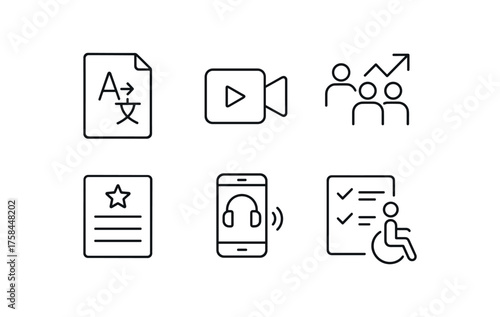 simple outline stroke icon isolated on white background multilingual tour script orientation video crowd flow signage tour evaluation questionnaire mobile app audio guide accessibility