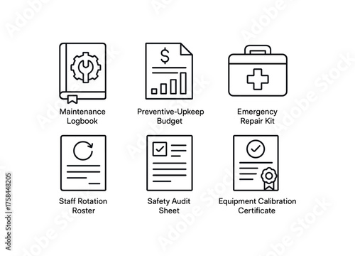 simple outline stroke icon isolated on white background maintenance logbook preventive upkeep budget emergency repair kit staff rotation roster safety audit sheet equipment calibration