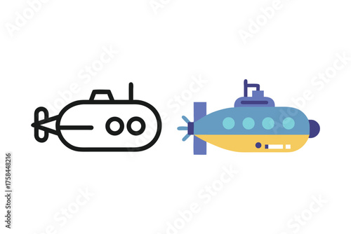 Two submarine icons one outlined and one colorfully illustrated