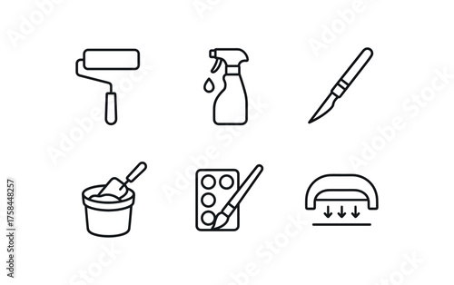 simple outline stroke icon isolated on white background paint consolidation medium surface cleaning solvent micro scalpel tool infill putty mixture retouching pigment set UV curing lamp