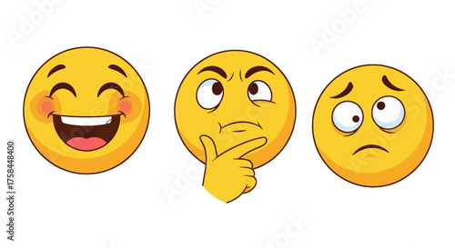 Vector  three yellow emoji expressions showing happiness thinking and sadness displayed together in a row