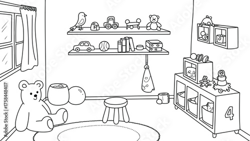 Black and white line drawing of a children's playroom with toys and furniture silhouette