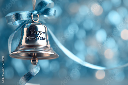 Festive Silver Bell for New Year. A silver bell with a blue ribbon and Happy New Year text. Ideal for festive New Year celebrations and holiday decorations.