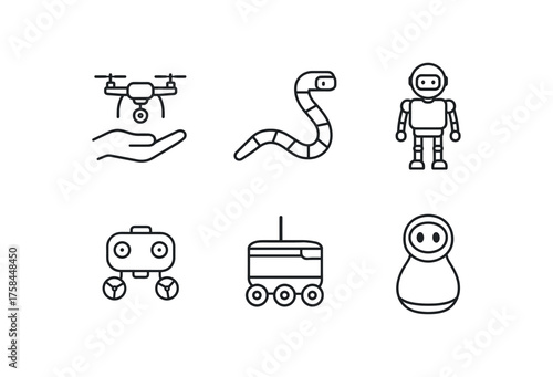 simple outline stroke icon isolated on white background gesture controlled drone robot snake inspection robot bipedal balancing robot underwater ROV robot autonomous delivery robot social