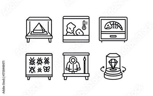 simple outline stroke icon isolated on white background glass display case climate controlled mineral display case fossil drawer display case insect pin display case Arctic expedition