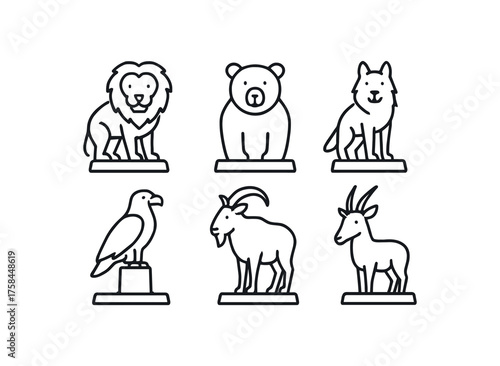 simple outline stroke icon isolated on white background taxidermy lion taxidermy grizzly bear taxidermy timber wolf taxidermy bald eagle taxidermy mountain goat taxidermy African antelope