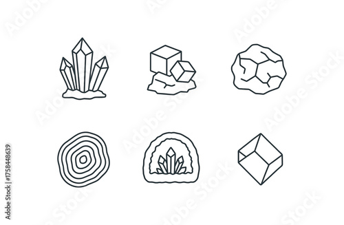 simple outline stroke icon isolated on white background quartz crystal specimen pyrite cube specimen galena ore specimen malachite slice specimen amethyst geode specimen calcite