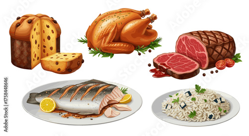 Vector  illustration showcasing a variety of festive foods including turkey beef fish and panettone cake
