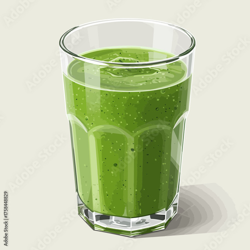 Illustration of a green smoothie in a clear glass on a light background.