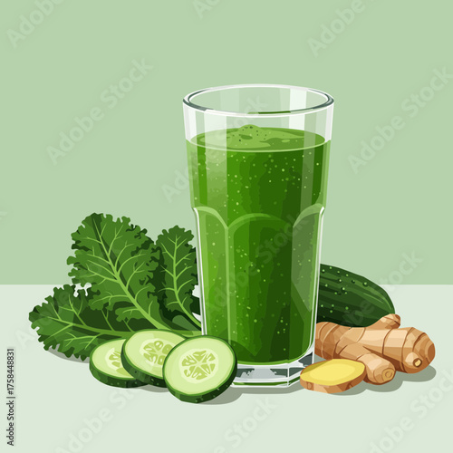 Green smoothie with kale, cucumber, and ginger in a glass.