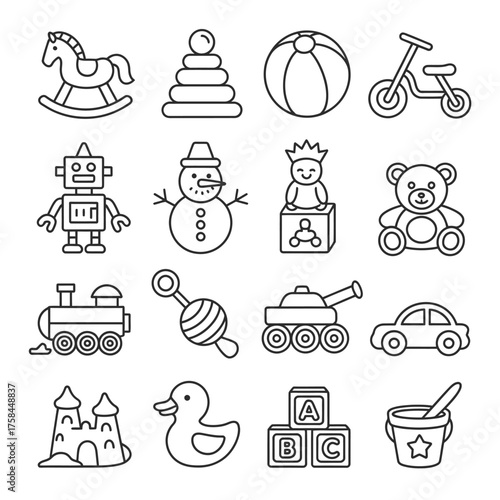 Vector line art collection of 16 classic children's toys scalable eps illustration silhouette