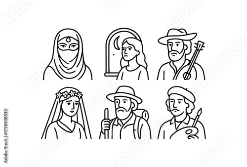 simple outline stroke icon isolated on white background exotic orientalist portrait moonlit widow portrait wandering minstrel portrait tragic bride portrait alpine wanderer portrait