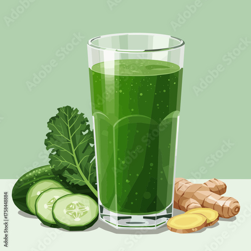 Green smoothie with kale, cucumber, and ginger in a glass.