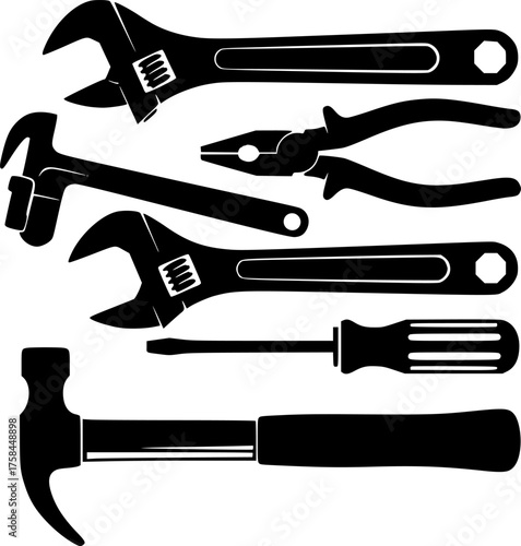 Hand tool silhouettes. A bold black silhouette image of common hand tools, including a hammer, screwdriver, wrench, pliers, symbolizing utility and craftsmanship. Vector clipart illustration desig