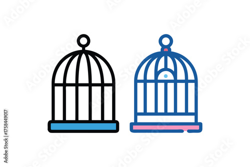 Two birdcages in contrasting styles one black outline and one colored