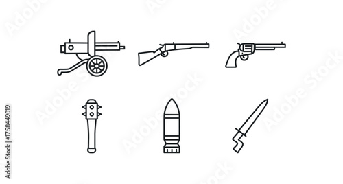 simple outline stroke icon isolated on white background History Museum Maxim machine gun weapon History Museum Spencer repeating rifle weapon History Museum revolver carbine weapon History