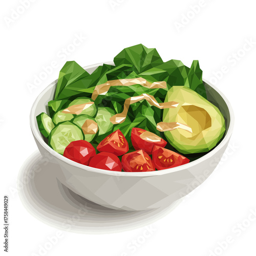 Illustration of a salad bowl with lettuce, tomatoes, cucumbers, and avocado.