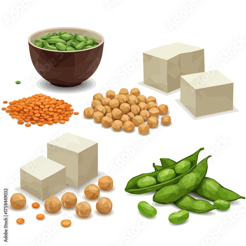 Illustration of various legumes, including edamame, lentils, chickpeas, and tofu.
