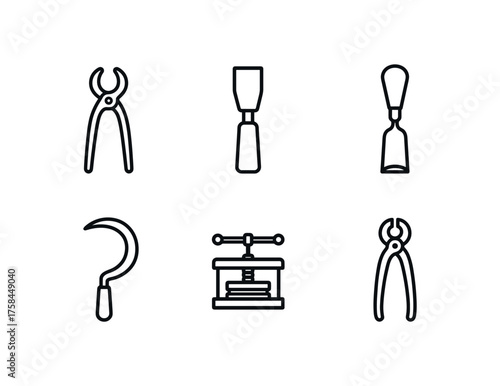 simple outline stroke icon isolated on white background History Museum blacksmith tongs tool History Museum stonemason chisel tool History Museum carver gouge tool History Museum farmer