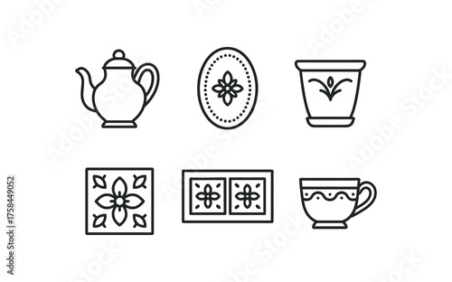 simple outline stroke icon isolated on white background History Museum English creamware teapot pottery History Museum French faience platter pottery History Museum Dutch redware flower pot