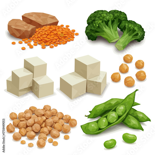 Illustration of plant-based protein sources: tofu, lentils, chickpeas, broccoli, and peas.
